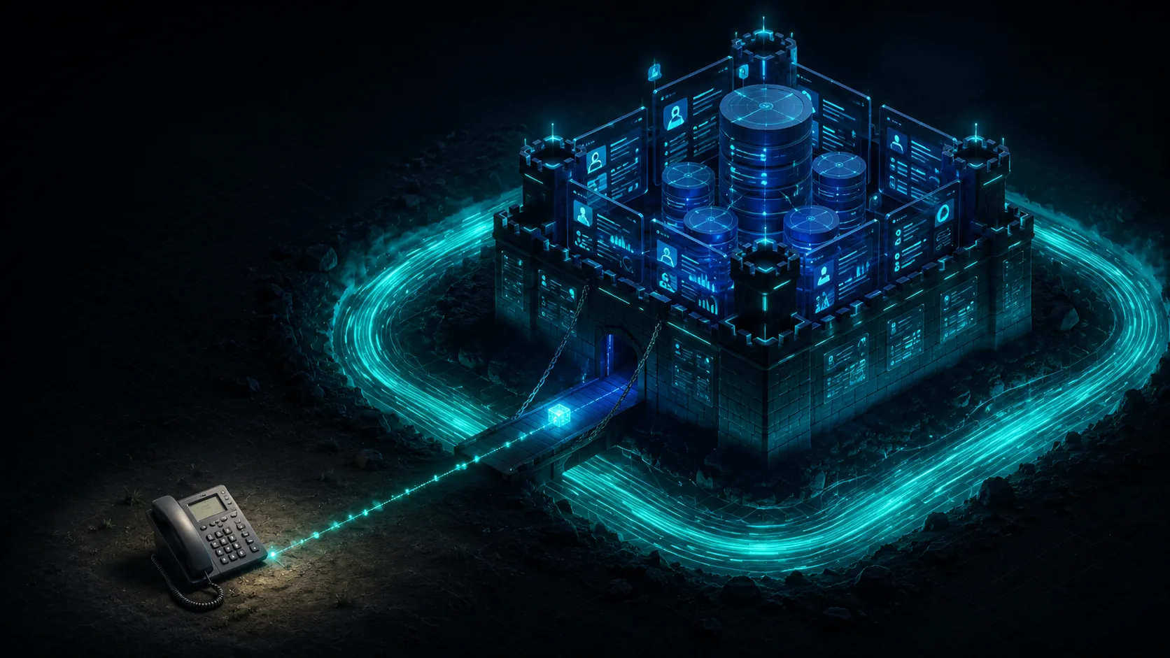 A plain desk phone connected across a moat to a glowing fortress of data