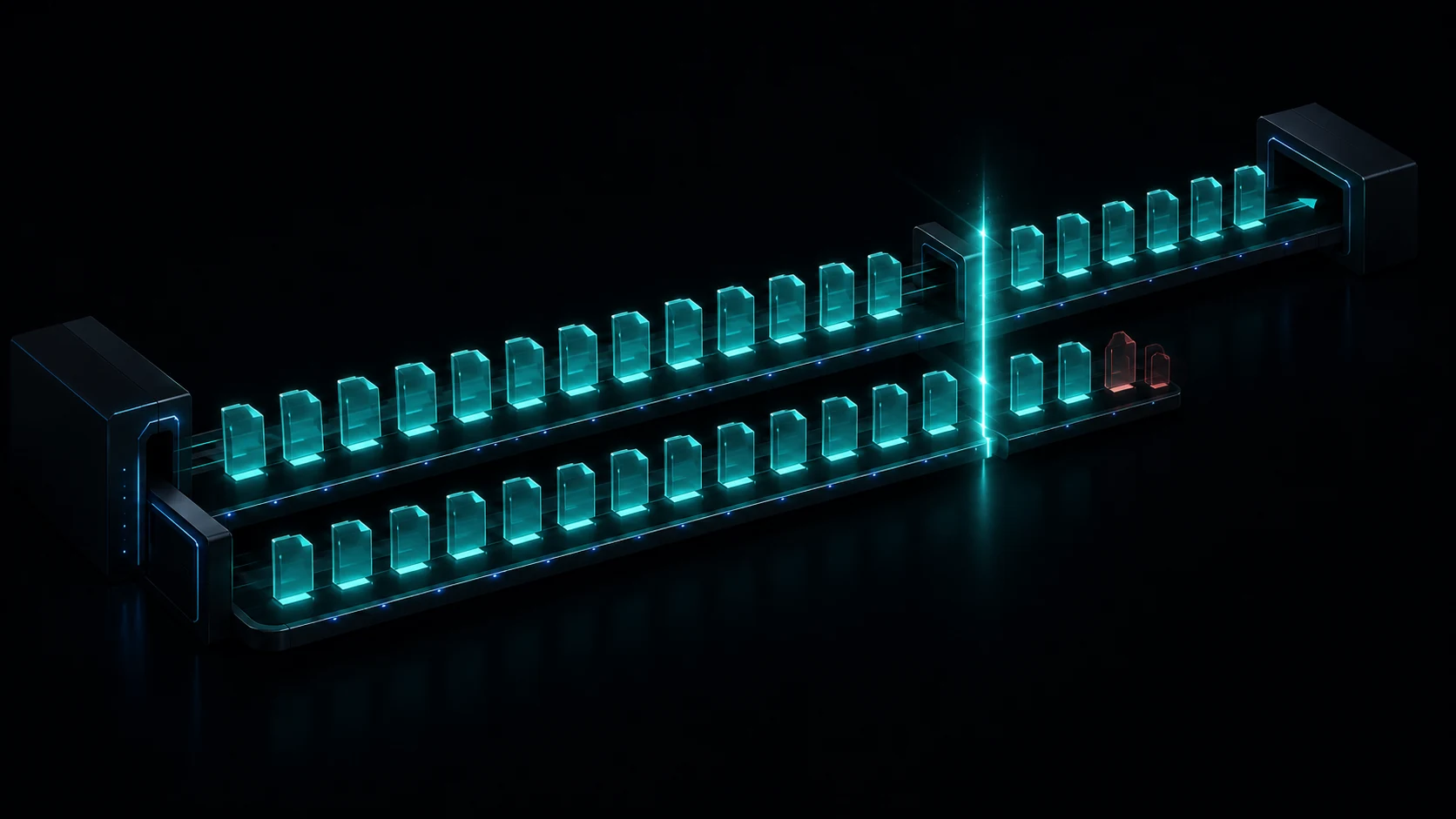 A conveyor of glowing teal boxes moving in formation, two flagged red near the end where the line splits